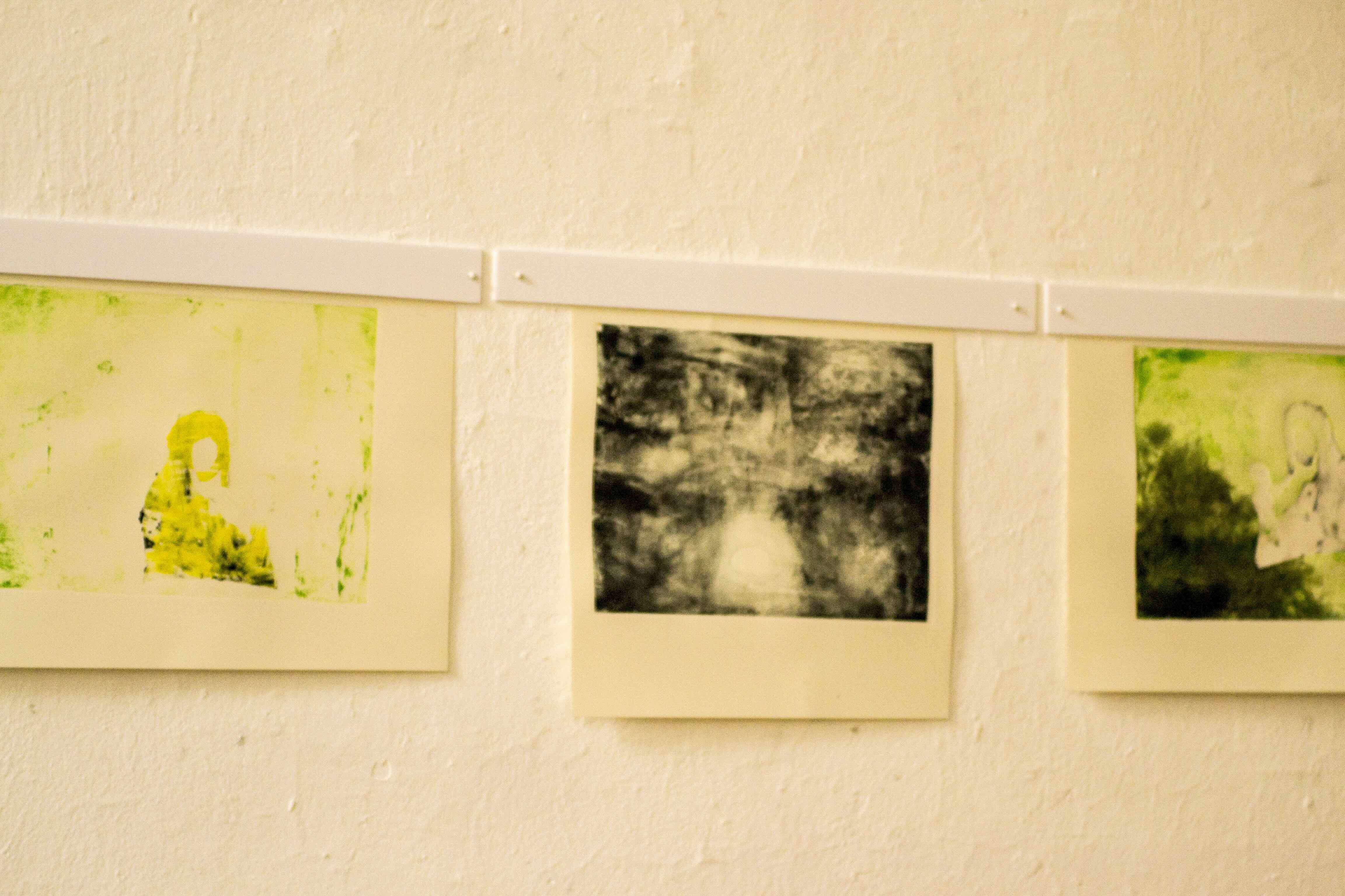 Installation photograph : etching prints on wallpaper, branding on paper plates