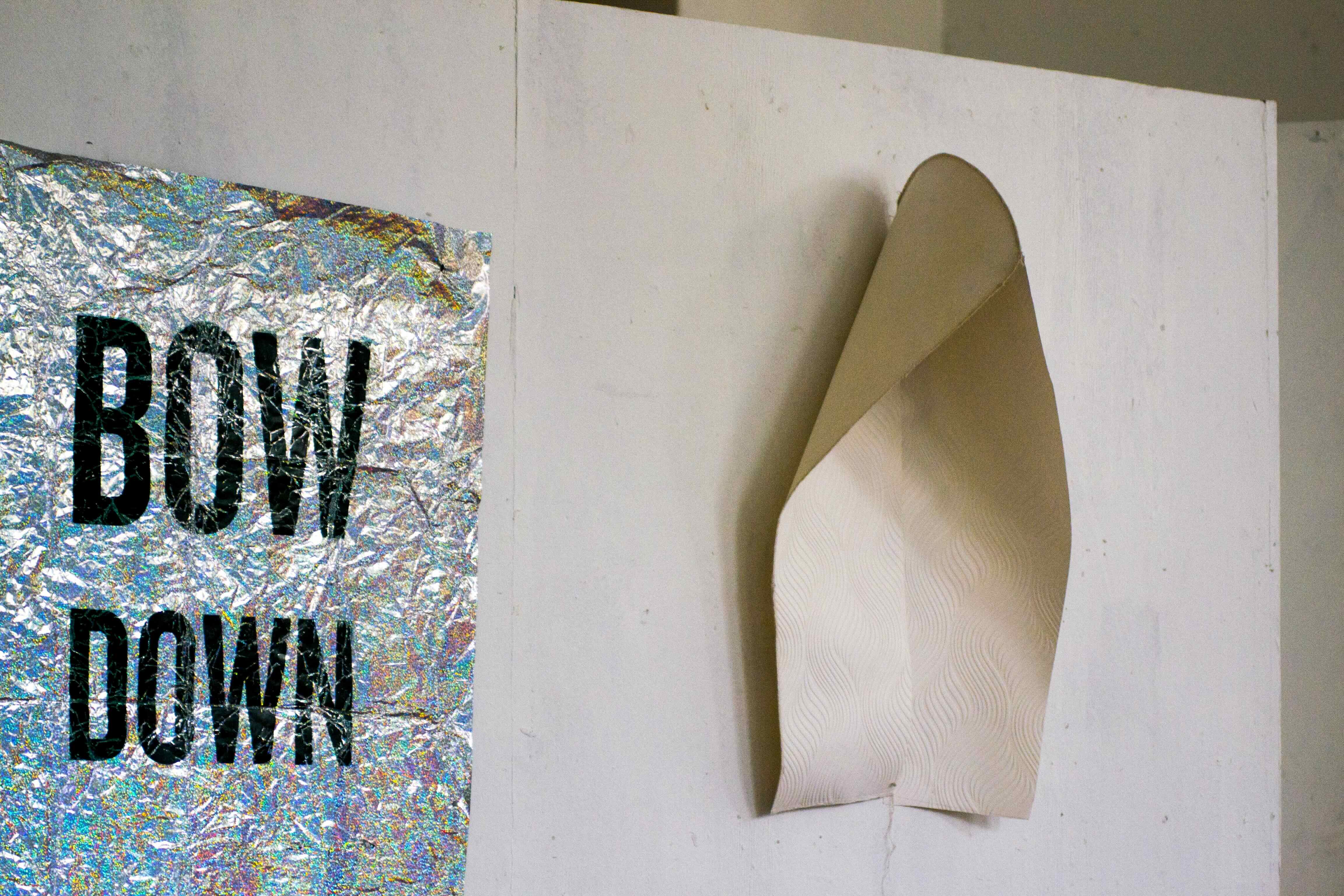 Installation photograph : sculpture made from wallpaper, and screenprint on wrapping paper